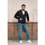 Woolen World Regular Fit V Yaka Ön Cepli Desenli Triko Hırka LACİVERT M