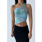 World Fashion Trends 2587 Damla Desenli Tek Kol Halka Detaylı Asimetrik Bluz