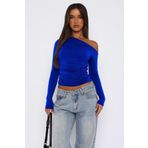 World Fashion Trends 2890 Saks Mavisi Düşük Omuz Büzgülü Crop Bluz