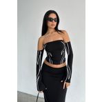 World Fashion Trends Baskılı Straplez Uzun Kollu Esnek Bluz