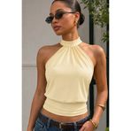 World Fashion Trends Bele Oturan Bağcıklı Esnek Crop top bluz TEREYAĞ SARISI