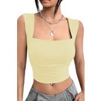 World Fashion Trends Kare Yaka Büzgü Detaylı Esnek Butter Yellow-tereyağı Sarısı Crop Bluz