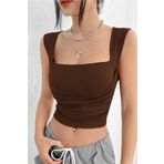 World Fashion Trends Kare Yaka Büzgü Detaylı Esnek Kahverengi Crop Bluz