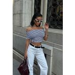 World Fashion Trends Madonna Yaka Çizgili Esnek Bluz WFT8022