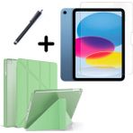 Wowacs iPad 10.nesil 10.9" (A2696-A2757) Uyumlu Tri Fold Kalemlikli Tablet Kılıfı Ekran Koruyucu Kalem Seti - Açık Yeşil