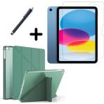 Wowacs iPad 10.nesil 10.9" (A2696-A2757) Uyumlu Tri Fold Kalemlikli Tablet Kılıfı Ekran Koruyucu Kalem Seti - Koyu Yeşil
