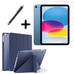Wowacs iPad 10.nesil 10.9" (A2696-A2757) Uyumlu Tri Fold Kalemlikli Tablet Kılıfı Ekran Koruyucu Kalem Seti - Lacivert