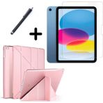 Wowacs iPad 10.nesil 10.9" (A2696-A2757) Uyumlu Tri Fold Kalemlikli Tablet Kılıfı Ekran Koruyucu Kalem Seti - Rose Gold