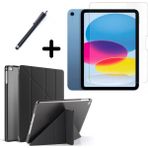 Wowacs iPad 10.nesil 10.9" (A2696-A2757) Uyumlu Tri Fold Kalemlikli Tablet Kılıfı Ekran Koruyucu Kalem Seti - Siyah