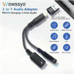 Wowssyo 2'si 1 Arada Type-C To 3.5MM+60W Hızlı Şarj ve Kulaklık Çevirici+Usb Dönüştürücü Hi-fi Ses Ce Lisanslı Sertifikalı Hasır Örgülü Sağlam Kablo - Siyah - Gri