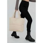 woys Bej Kabartmalı Pamuklu Kumaş Shopper Çanta -Okul Omuz Çantası