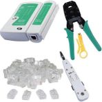 Wozlo Network Seti RJ45 RJ11 Rj9 Sıkma Pensesi Cat5 Cat6 Çakma + Tester + Krone Bıçağı Kepkep + Konnektör - Yeşil