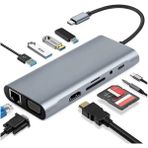 Wozlo Type-C To HDMI 4K@30Hz, VGA 1080P, RJ45 Ethernet, 4*usb Çoklayıcı Hub, Kart Okuyucu + Ses, Pd 87W - Gri