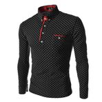 WSLCN Erkek Faishion Günlük Tişört Polo Gömlek Puantiyeli Uzun Kollu Dar Kesim, Siyah, US/EU L (Asian 3XL)