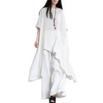 WSLCN Kadın 2 Parça Pantolon Takımı, Keten Tunik Gömlek + Geniş Paça Pantolon Kıyafetleri Salon Takımı, Beyaz, 3XL