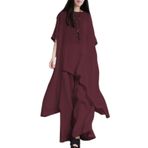 WSLCN Kadın 2 Parça Pantolon Takımı, Keten Tunik Gömlek + Geniş Paça Pantolon Kıyafetleri Salon Takımı, Kırmızı, S