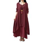 WSLCN Kadın yaz rahat düzensiz Maxi elbiseler Vintage salıncak pamuk keten Boho artı boyutu uzun kollu gevşek elbise, D, Bust 41.7" (Asian L)