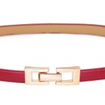 WULIQIUQIU Kadın sıska kemerler ince PU deri bel kemeri altın alaşım toka elbiseler için, Kırmızı, Fit Waist 34"-45"
