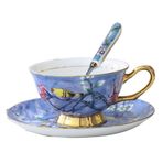 WULUN Kemik Çin Altın çizgi Kahve Fincanı Seti, Vintage Porselen Çay veya Kahve Fincanları, Kapasite 8oz/240ml, Desen Mavi Kuş Boyama