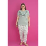 X-Dreamy Büyük Beden Pamuklu Çiçekli Kısa Kollu Pijama Takımı, Yeşil, XL