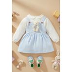 x Ipek Atlas Kız Bebek Çocuk Müslin Bebe Yaka Oyuncaklı Elbise - 01-Mavi - 5 Yaş