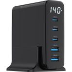 X-Level XC4048 140W GaN PD Fast 3x USB-C 2x USB-A 5 Çıkışlı Ekranlı Dock Çoklu Şarj Aleti Adaptörü - Siyah