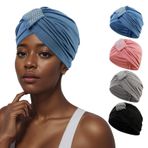 XEPST 4 adet türban kadın türban moda kemo kep, kadınlar için, önceden bağlanmış kemoterapi şapkası, pileli bere, yumuşak baş sargısı, saç dökülmesi şapkası, kadınlar için, Pembe, siyah, gri, mavi