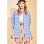 Xhan 2YXK2-46131-12 Mavi Oversize Gofre Çizgili Kadın Gömlek