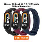 Xiaomi Mi Band 8 Mi Band 9 Mi Band 10 Uyumlu 3lü Paket Silikon Kordon Bileklik Metal Pimli - Mi Band 8/9/10 - Lacivert - Bordo