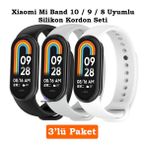 Xiaomi Mi Band 8 Mi Band 9 Mi Band 10 Uyumlu 3lü Paket Silikon Kordon Bileklik Metal Pimli - Mi Band 8/9/10 - Siyah - Beyaz - Gri