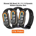 Xiaomi Mi Band 8 Mi Band 9 Mi Band 10 Uyumlu 3lü Paket Silikon Kordon Bileklik Metal Pimli - Mi Band 8/9/10 - Siyah