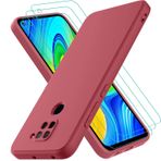 Xiaomi Redmi Note 9 ile uyumlu Oureidoo kılıfı, 3 adet kurşun geçirmez cam ekran koruyucusu, Xiaomi Redmi Note 9 silikon için kauçuk cep telefonu kılıfı, şarap kırmızısı cep telefonu kılıfı