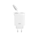 XO 30W Çift Portlu Hızlı Şarj Adaptörü CE31- Dahili USB-C Kablo | USB-A & USB-C Portları, Çekilebilir USB-C Kablo, Çoklu Kullanım | Akım Korumalı | Beyaz
