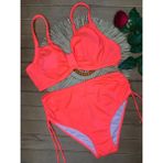 Xorvio Kadın Oranj Likralı Esnek Şık Rahat Büyük Beden Telli Balenli Toparlayıcı Yüksek Bel Bikini Takım - 44