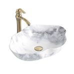 XPYGF565 Banyo Lavabo Seramik Banyo Gemi Lavabo Kase Mermer Doku Oval Sanat Tezgah Üstü Vanity Lavabo Altın Musluk ve Drenaj Lavabo Vanity (A)