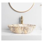 XPYGF565 Banyo Lavabo Seramik Banyo Gemi Lavabo Kase Mermer Doku Oval Sanat Tezgah Üstü Vanity Lavabo Altın Musluk ve Drenaj Lavabo Vanity (E)