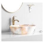 XPYGF565 Banyo Lavabo Seramik Banyo Gemi Lavabo Kase Mermer Doku Oval Sanat Tezgah Üstü Vanity Lavabo Altın Musluk ve Drenaj Lavabo Vanity (F)