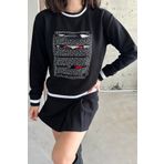 XRAY JEANS Kadın Bisiklet Yaka Minimalist Taşlı Işlemeli Relax Fit Siyah Sweatshirt