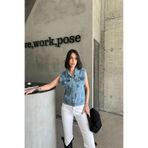 XRAY JEANS Kadın Polo Yaka Cepli Pamuklu Buz Mavi Kot Yelek