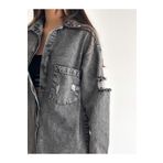 XVOGO Denim Gri Siyah Özel Tasarım Oversize Jeans Uzun Kollu Gömlek Kot Yırtık Detaylı Kadın Şık Ceket