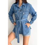 XVOGO Denim Özel Tasarım Kuşaklı Oversize Jeans Uzun Kollu Ceket Mavi Kot Yırtık Detaylı Kadın Şık Gömlek