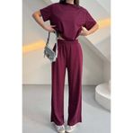 XXL BUTİK Kadın Bordo Modal Kumaş Taş Detaylı Pantolon Tişört Takım ESR044