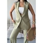 XXL BUTİK Kadın Haki Keten Kumaş Yelek Pantolon Takım ESR086