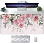 XXL Mouse Pad, Pembe Şakayık Çiçekleri Okaliptüs Yeşil Yapraklar Masaüstü için Büyük Masa Matı, Genişletilmiş Büyük Oyun Mouse Pad Fare Altlığı Kaymaz Kauçuk Tabanlı Ev Ofis için Dikişli Kenarlar 35,4