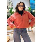 Yaban Gülü Yarım Fermuar Etek Ucu Büzgülü Kadın Polar Oversize Sweatshirt - 97171 | XL