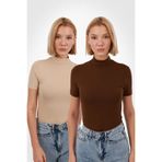 Yade Fashion Kadın Ekru Kahverengi 2'li Kısa Kol Bluz Set