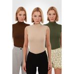 Yade Fashion Kadın Kahverengi Ekru Haki Kolsuz Bluz 3’lü Set