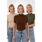 Yade Fashion Kadın Kahverengi Ekru Yeşil 3'lü Kısa Kol Bluz Set