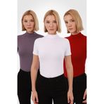 Yade Fashion Kadın Kısa Kollu Bluz 3’lü Set – Beyaz Mor Kırmızı