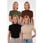 Yade Fashion Kadın Kısa Kollu Bluz 4’lü Set – Siyah Kahverengi Ekru Haki